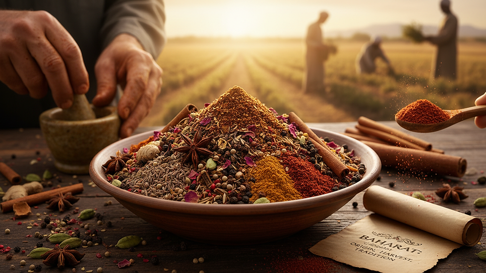 Close-up view of a bowl filled with mixed baharat spices