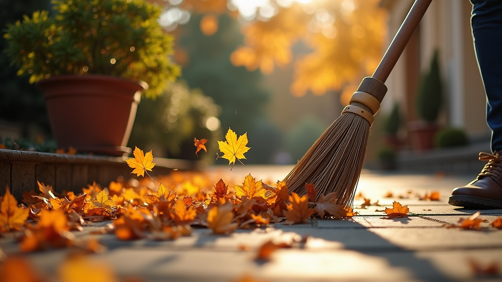 Close-up view of autumn leaves being swept off a patio