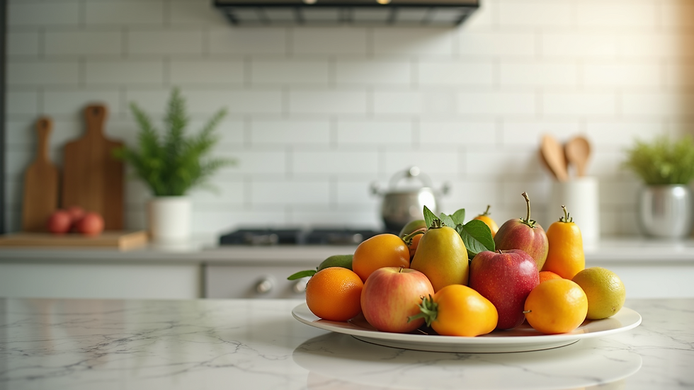 Eye-level view of a clean kitchen countertop with fresh fruits