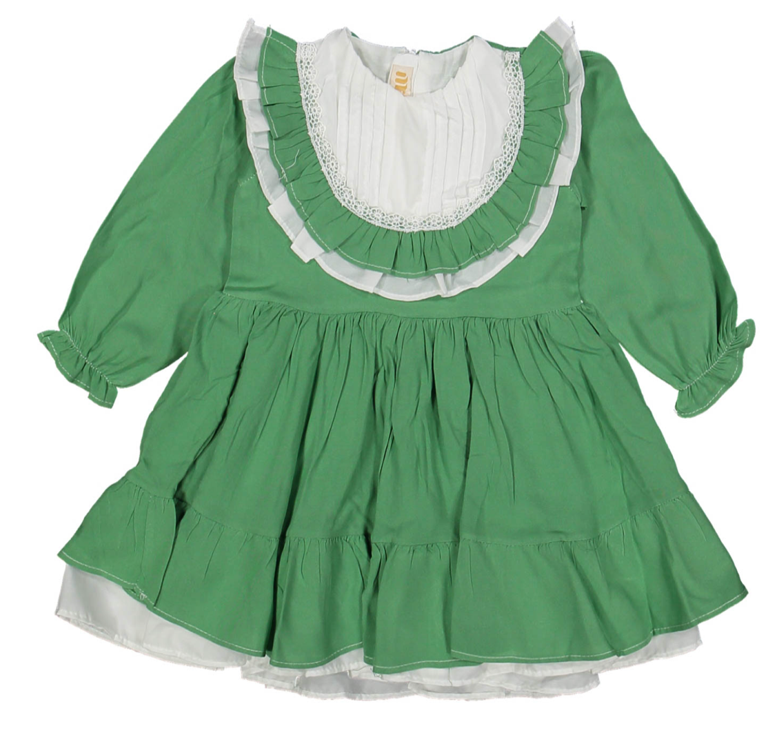 Güpürlü Fırfırlı Vintage Kız Çocuk Özel Gün Elbisesi -Yeşil