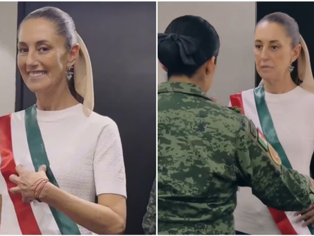 Claudia Sheinbaum se prueba la banda presidencial a horas de su toma de protesta como primera presidenta de México