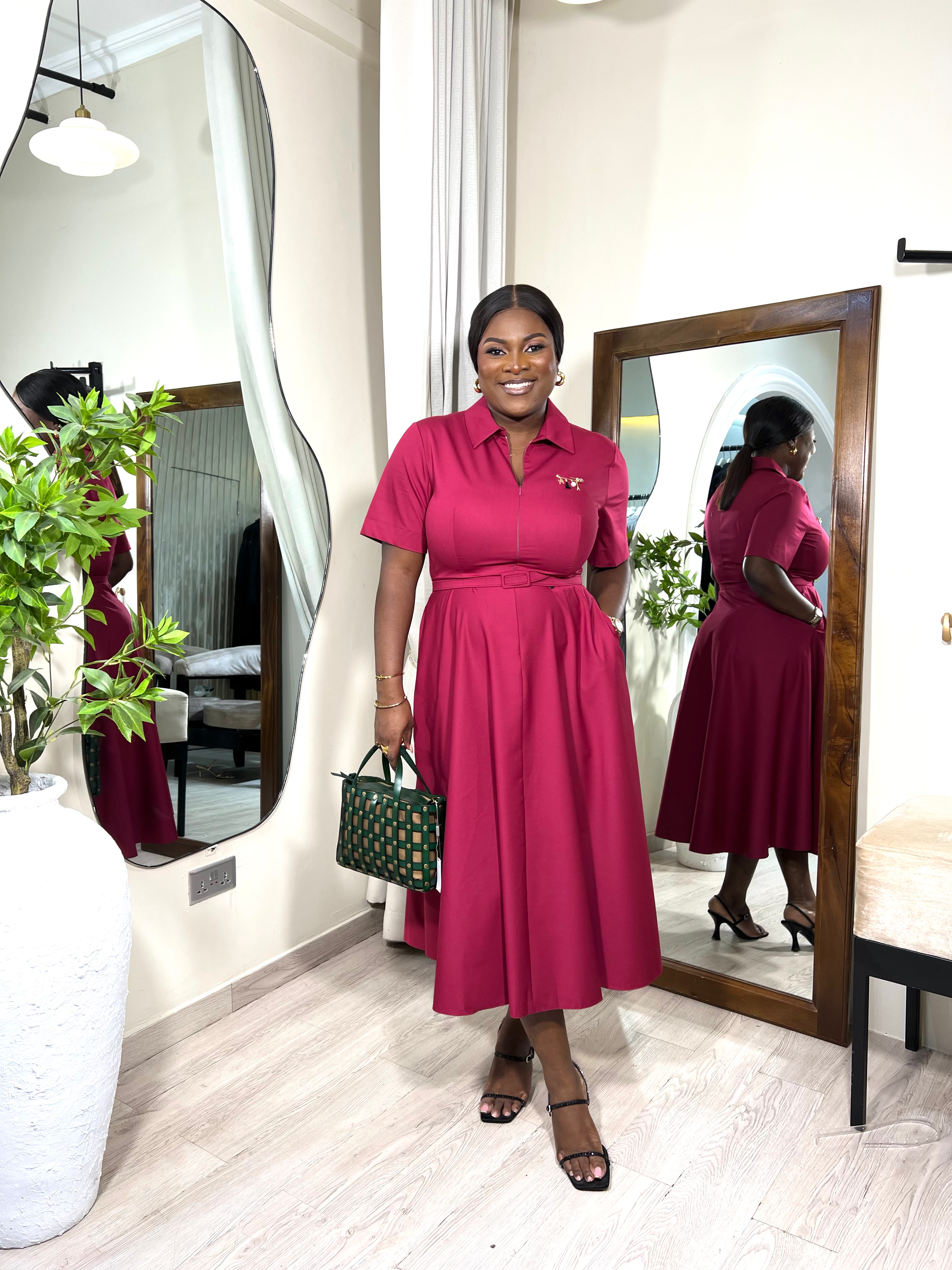 BURGUNDY ZIP-UP BELTED DRESS