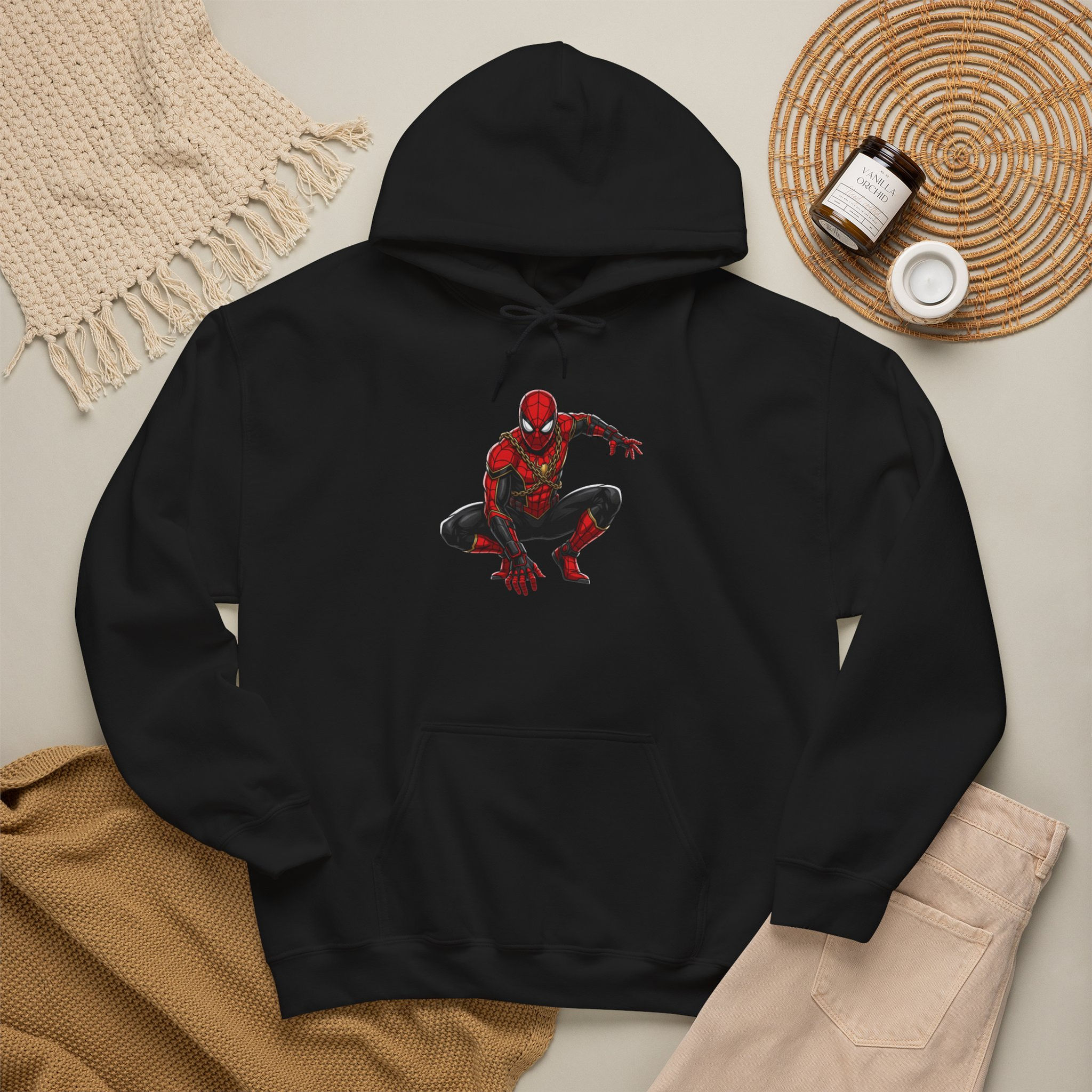 Spider-Man Inspired Graphic Hoodie — Red Crouch Superhero Sweatshirt