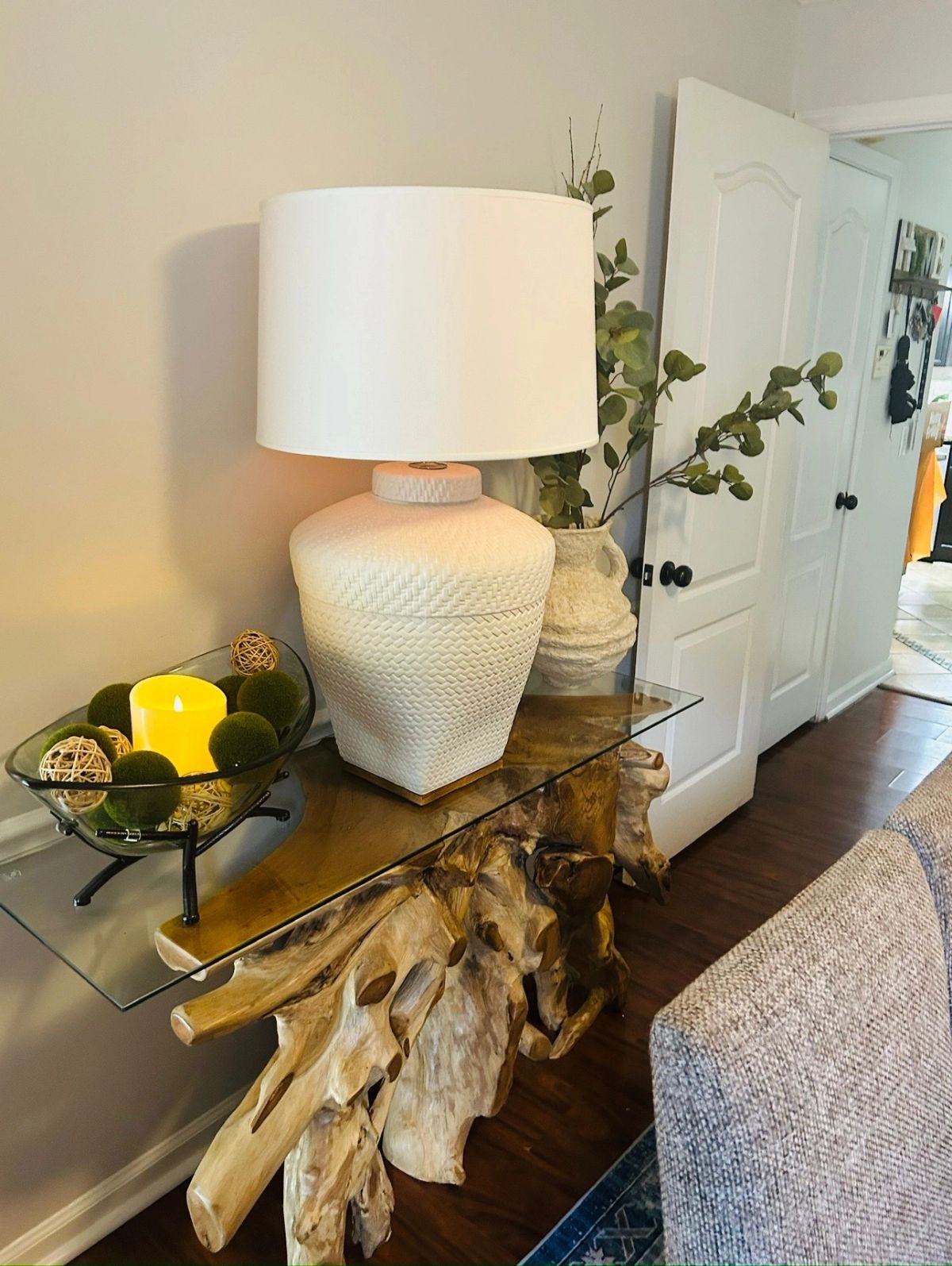 Styled lamp and floral vignette