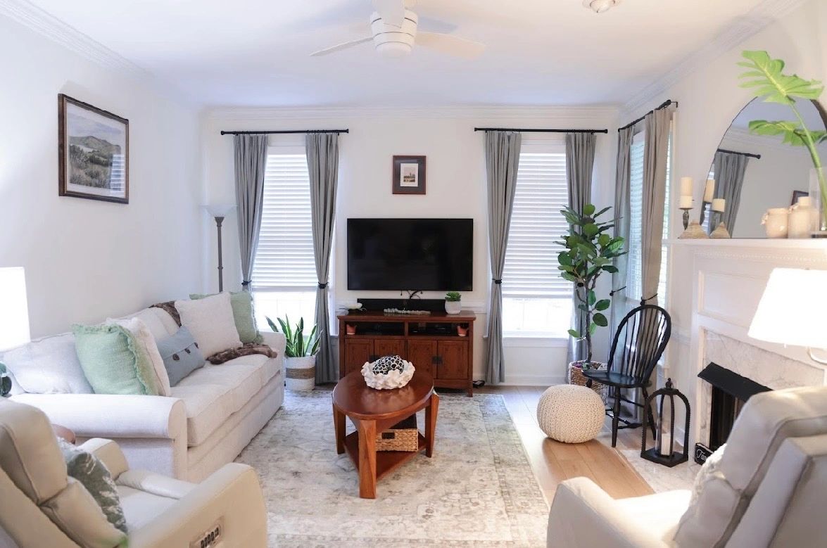 Bright living room with neutral sofas