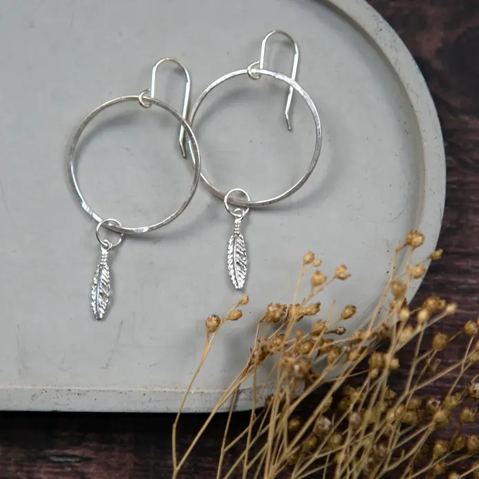The Old Farmhouse Jewellery Sterling Silver Feather Charm & Hoop Earrings