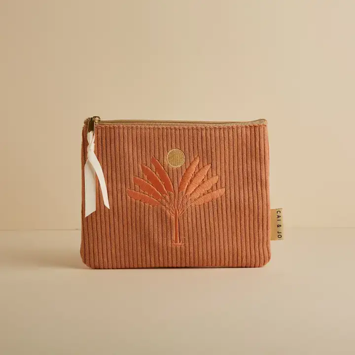Cai & Jo Dusky Pink Embroidered Palm Tree Corduroy Pouch