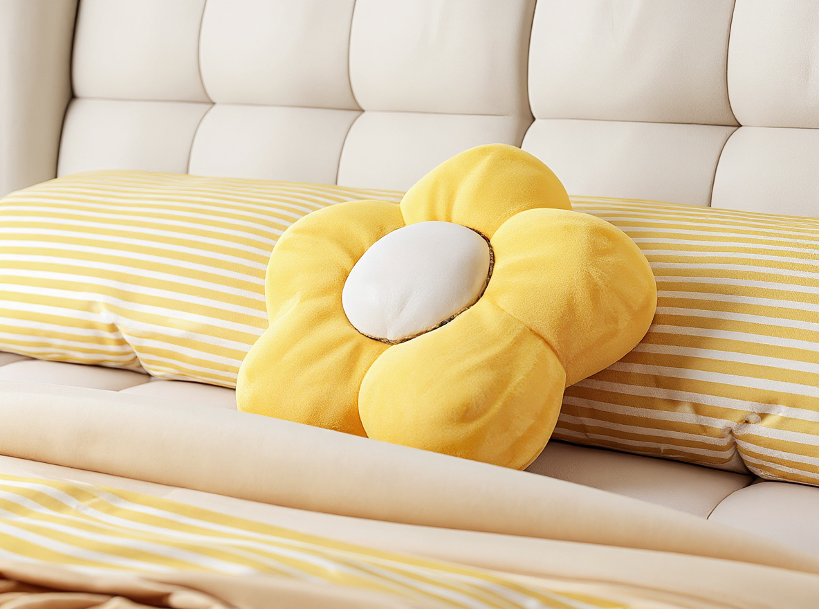 Yellow flower cushion on CURA MOMO 500 upholstered bed