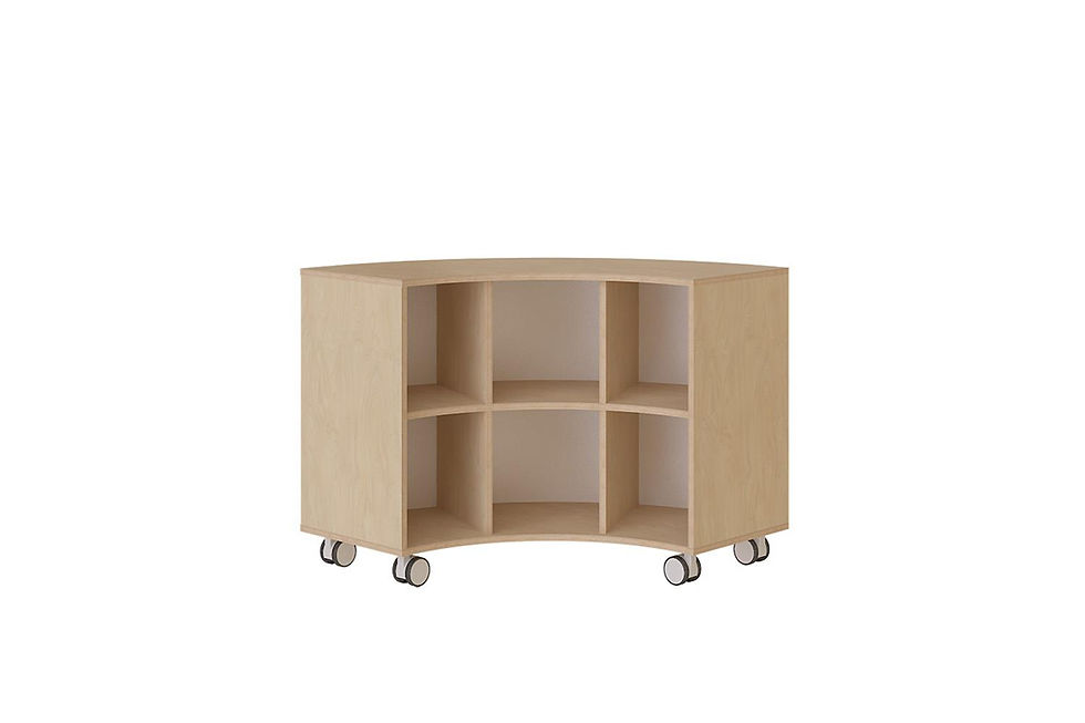 Mueble móvil curvo con compartimentos abiertos