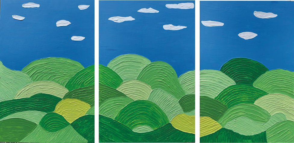 LargeTriptych of highly textured green hills