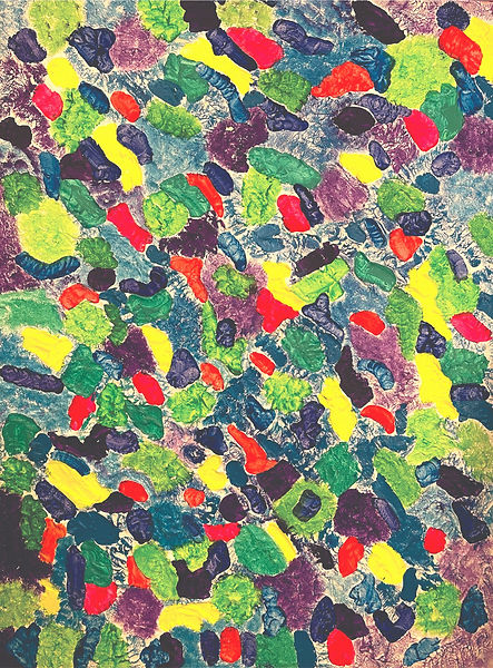 textured abstract of green blue and red shapes