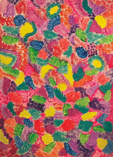textured abstract painting of intense primary colours