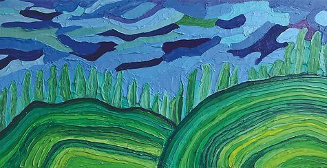 abstract landscape of green hills crested with a line of trees