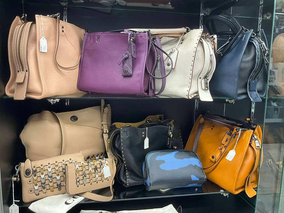 Collection of coach bags in display case