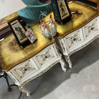 Vintage white side tables with stenciled wood tops