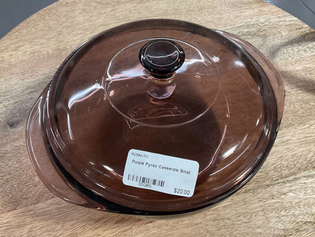 Purple Pyrex casserole dish with lid