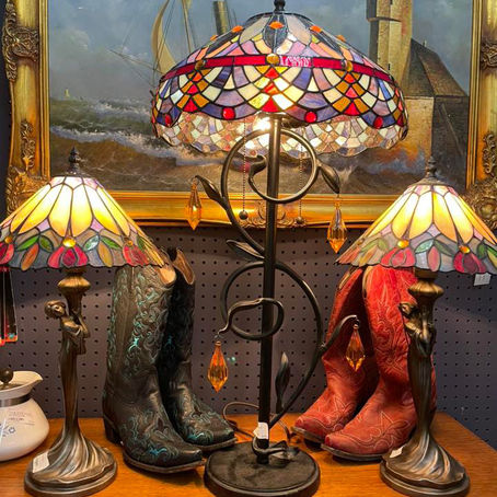 Stained glass lamps in antique store booth