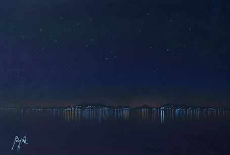 oil painting, acrylic , original artwork, photorealism Balaton lake, night landscape, airbrush
