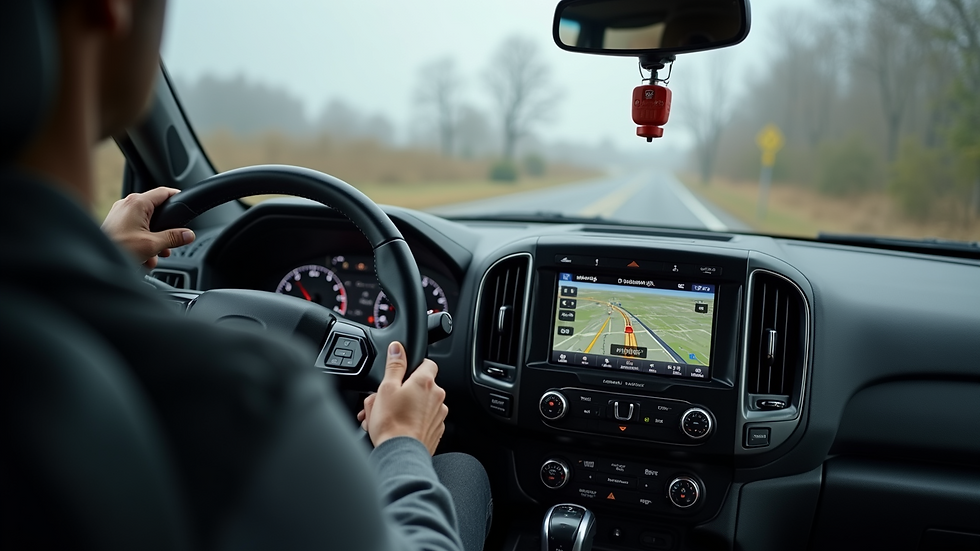 Close-up view of a truck dashboard with navigation display