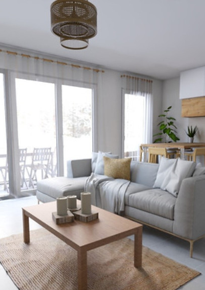Salon lumineux avec grandes fenêtres, mobilier contemporain et décoration intérieure