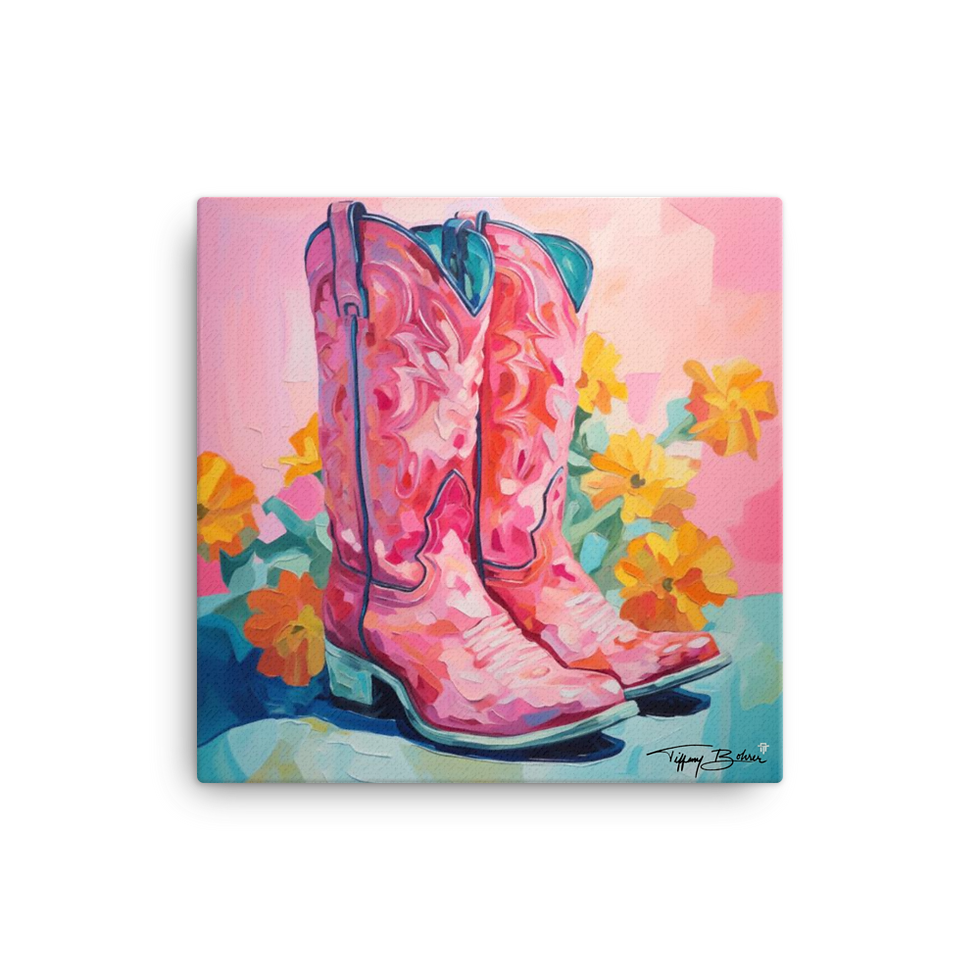 Thumbnail: Pretty in Pink Cowgirl Boots by Tiffany Bohrer - 16x16 Giclee Archival Canvas