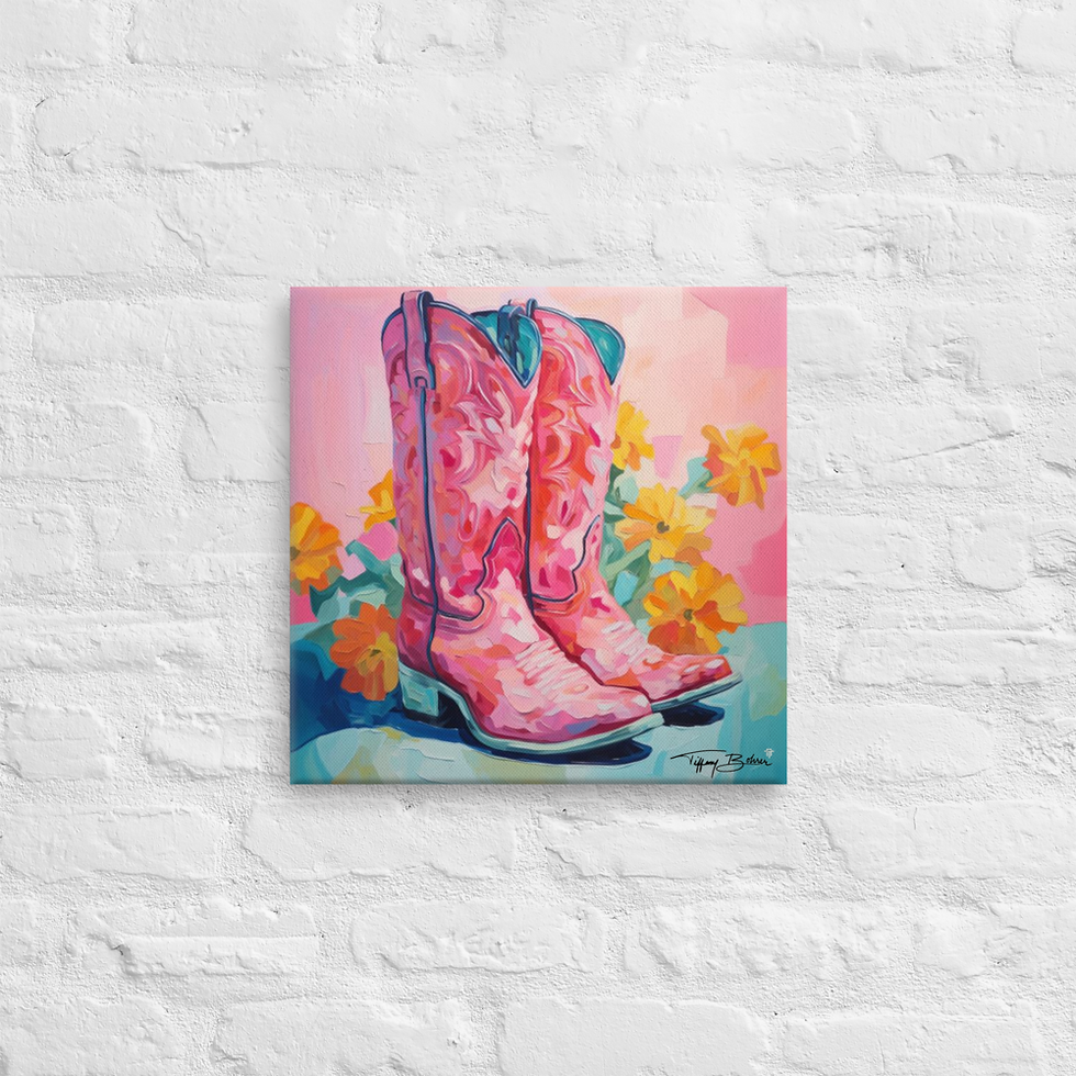 Thumbnail: Pretty in Pink Cowgirl Boots by Tiffany Bohrer - 16x16 Giclee Archival Canvas