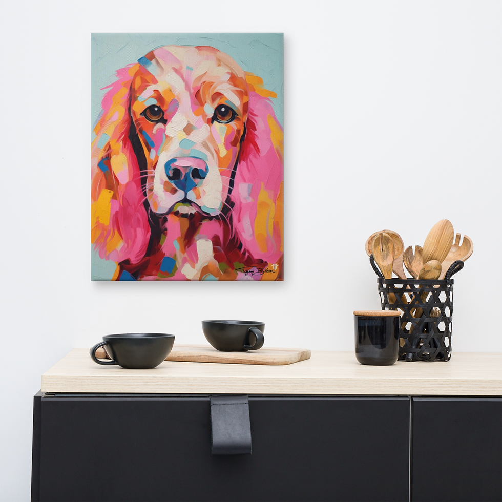 Thumbnail: Cocker Spaniel in Pink on Blue by Tiffany Bohrer - 16x20 Giclee Canvas