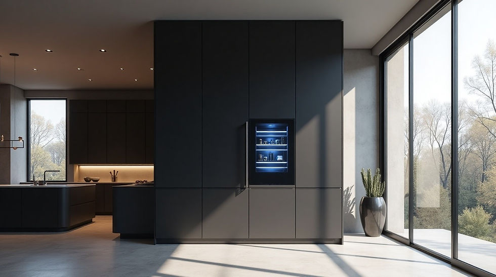 Cuisine moderne équipée d'un système AxiO qui montre un faible impact d'un meuble de rangement dans le design minimaliste de la cuisine