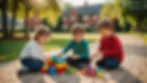 Wide angle view of children playing with building blocks outdoors