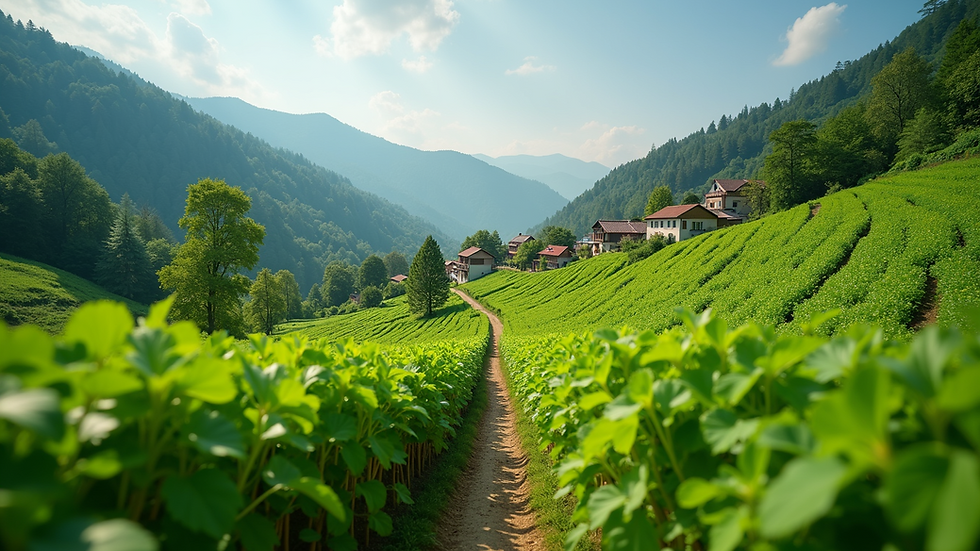 Eye-level view of a vibrant village landscape with lush greenery