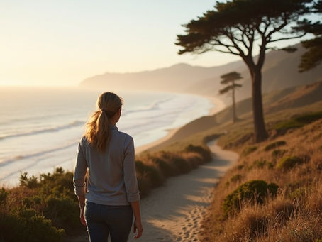 Woman enjoying coastal walk after infrared sauna session on Monterey Peninsula cypress trail
