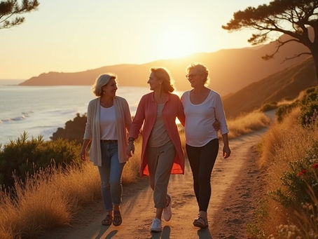 Three women walking Monterey coastal path conveying vitality and wellness through BHRT hormone therapy