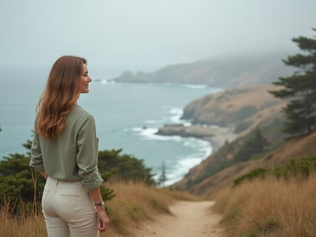 Woman experiencing restored vitality after infrared sauna therapy on Monterey coastal path