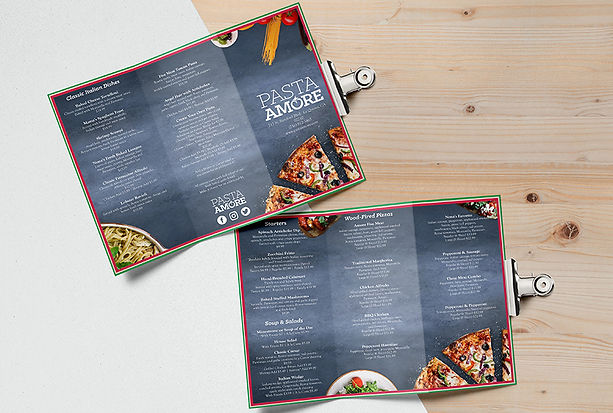Mockup of the tri-fold carry-out brochure - both pages of the brochure clipped to a wooden cutting board