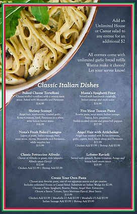 A slate stone background with a close up image of the Shrimp Scampi and all pasta entrees listed