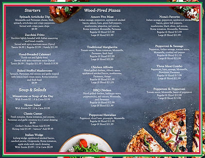 The Pasta Amoré tri-fold brochure for carry-out orders - a slate gray background with the Starters, Salads, Soups, and Pizza sections listed and various menu offerings pictured