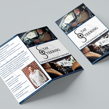 Brochure mockups featuring the Stay Steering logo, information on what services are offered, and the background of the founder of the company.