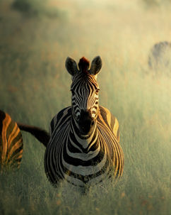 A zebra stallion standing in the tall grass of the savanna as the sunsets