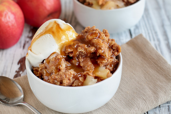 Apple Crisp topped with Vanilla Ice Cream, Sea Salt with a Bourbon Honey Drizzle