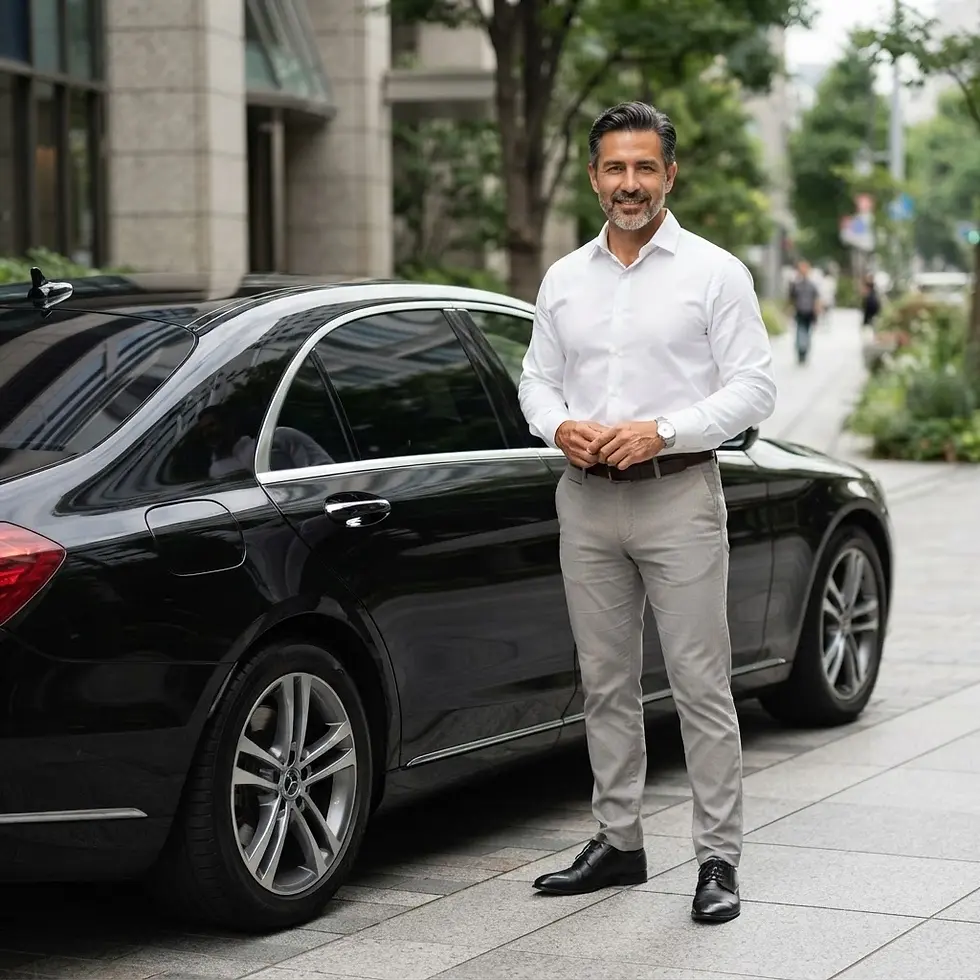 Commercial photography of a smiling, well-dressed man standing by a black luxury car on a city street. The image conveys professionalism and premium service.