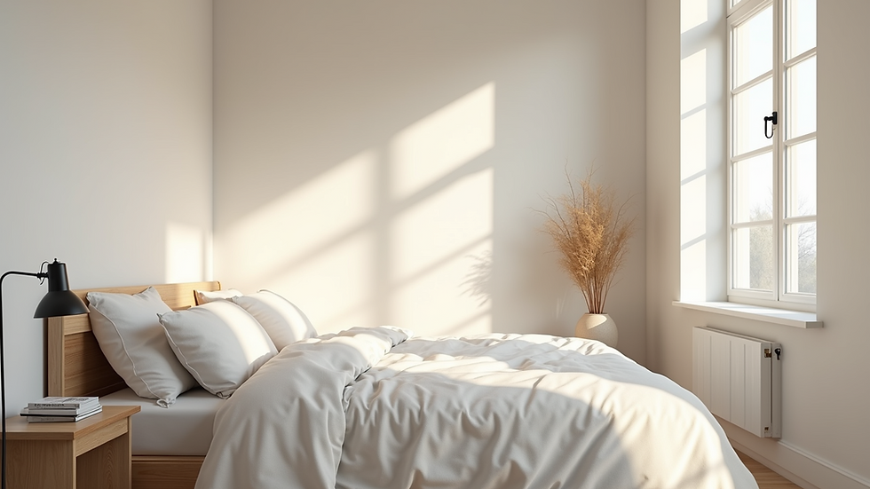 High angle view of a minimalist bedroom with soft linens and natural light