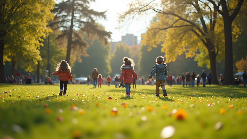 Wide angle view of a vibrant park filled with families enjoying outdoor activities