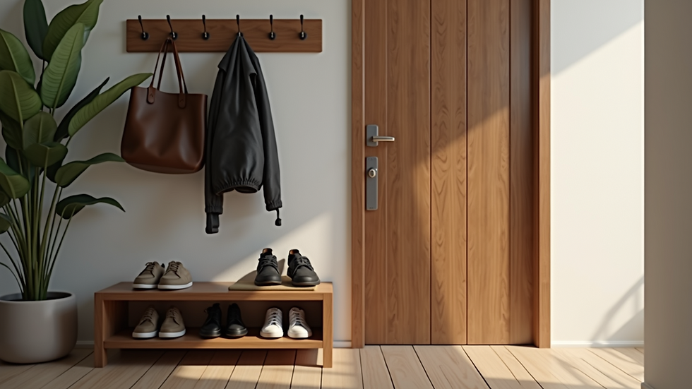 Close-up view of an organized entryway with hooks and a shoe rack