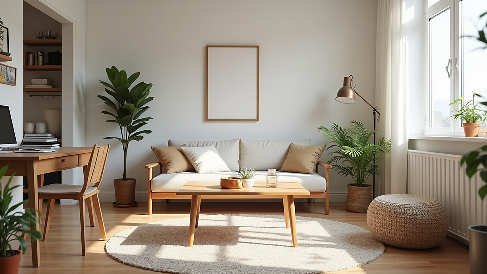 Wide angle view of a serene and decluttered living space