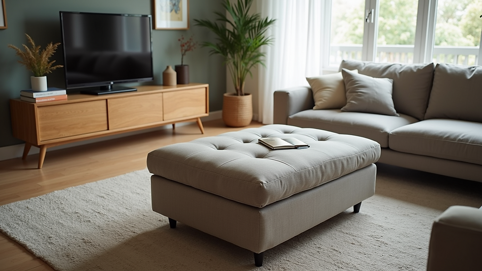 High angle view of a multi-functional storage ottoman in a living room