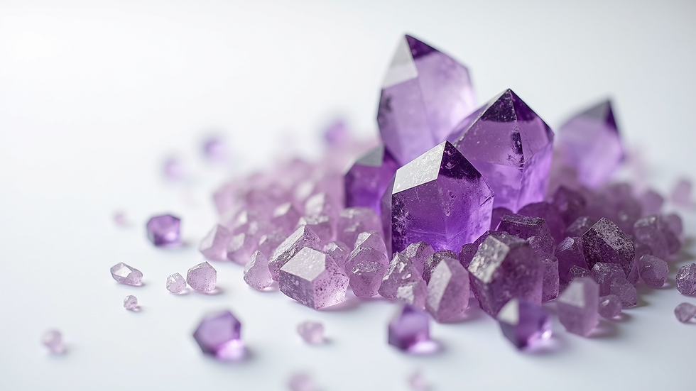 High angle view of amethyst crystals on white background
