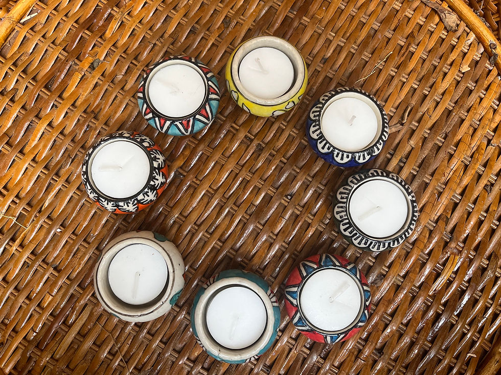 Thumbnail: Hand made blue pottery diyas and tray set