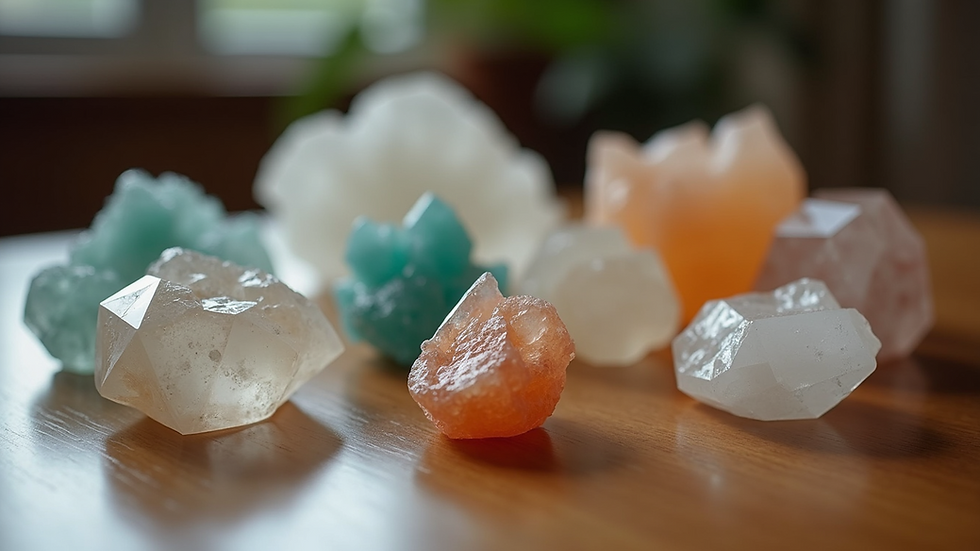 Eye-level view of various crystals displayed on a wooden table