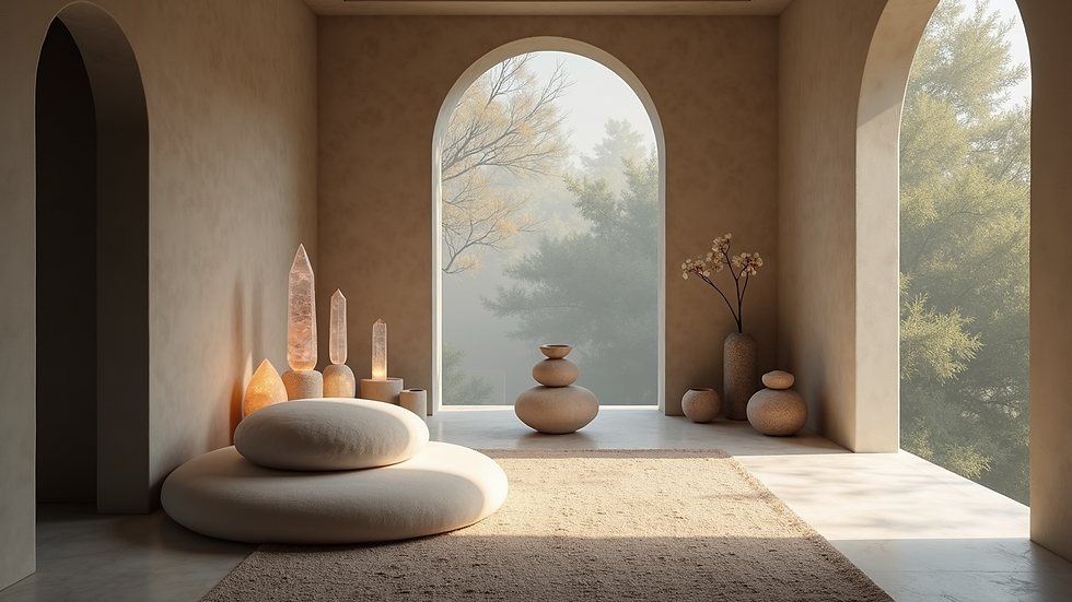 High angle view of a serene meditation space with crystals