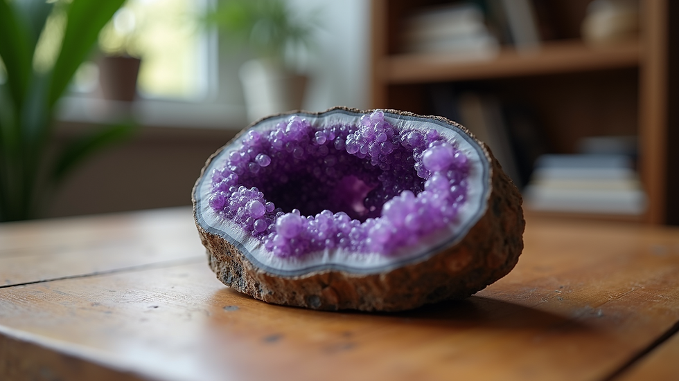 Eye-level view of an amethyst geode placed on a wooden table